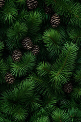 Fir branches and cones green needle abstract background Christmas texture. Horizontal composition.
