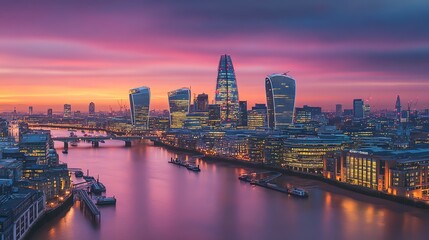 Naklejka premium The London skyline at dusk with vibrant pink and orange sky.