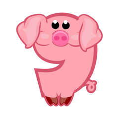 Cartoon number 9 like pink pig, figure Nine. Cartoon of number with a animal concept. Calligraphy, lettering, typography for your Education cards or game