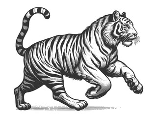Fototapeta premium fierce leaping tiger tattoo design with an open mouth, drawn in an engraving style sketch engraving generative ai raster illustration. Scratch board imitation. Black and white image.