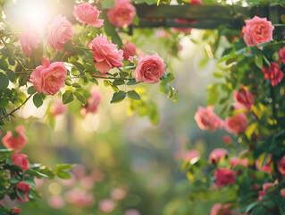 Beautiful garden trellis adorned with vibrant climbing roses, creating a stunning and picturesque scene.