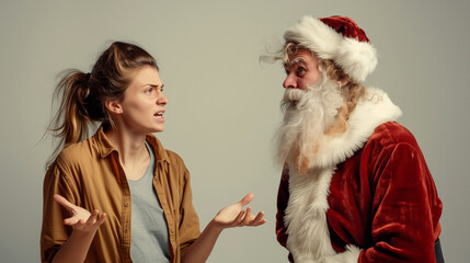 Obraz premium a young woman and a man dressed as Santa Claus engaged in a lively conversation. The woman, appearing frustrated or perplexed, gestures animatedly towards Santa, who listens intently