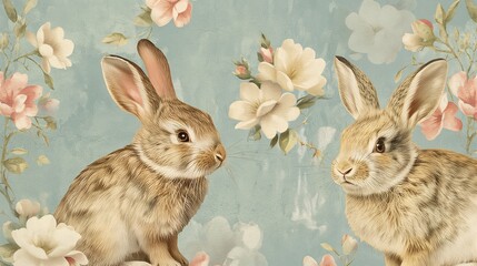 Fototapeta premium Two brown rabbits on light blue adorned with pastel flowers 2D illustration. Serene ambiance with vintage bunnies flat cartoon image colorful screensaver. Retro style wallpaper art
