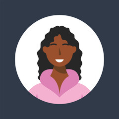 dark skinned woman with curly hair in circle frame flat vector design