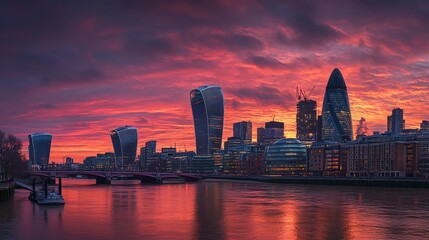 Fototapeta premium The London skyline at dusk with vibrant pink and orange sky.