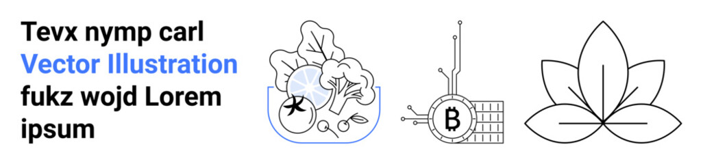 Abstract plant, blockchain circuit with Bitcoin, and minimalist lotus. Ideal for tech, finance, wellness, nature, education, presentations, web design Landing page