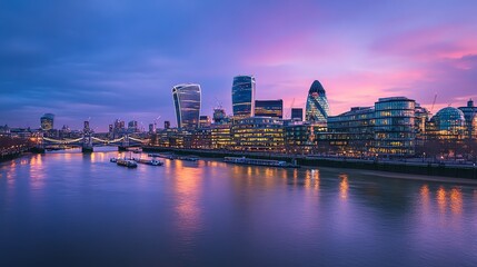 Fototapeta premium A cityscape at dusk with a river in the foreground.