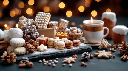 A festive display of assorted cookies, baked goods, and a warm drink, illuminated by soft, sparkling lights, evoking a cozy holiday atmosphere.