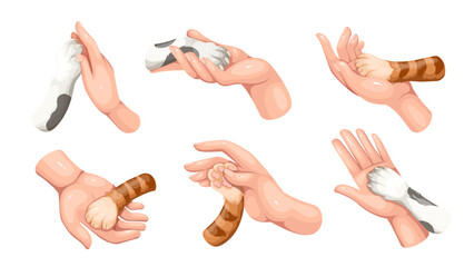 Human cartoon hand holding paw of animal set. Funny cute gestures of trust and friendship, help and support for cat and dog. Animal shelter mascots, cartoon love to pet collection vector illustration