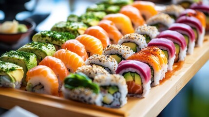 A stunning display of sushi rolls, featuring bright colors of fresh fish,