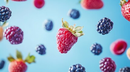 Frame made of different berries flying on blue background, closeup