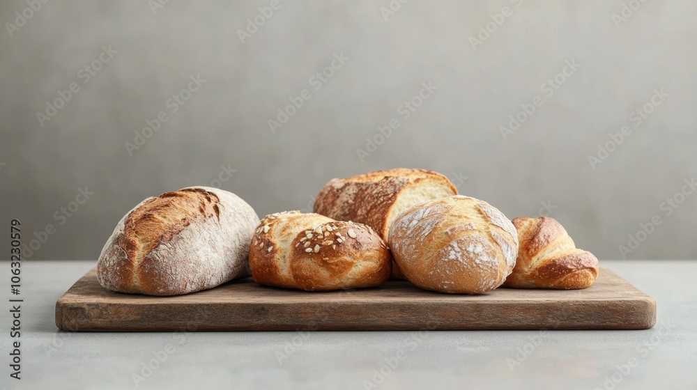Poster an assortment of assorted freshly baked bread and pastries arranged neatly on a rustic wooden board,