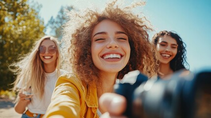 Fototapeta premium Friends recording a vlog while dancing for social media on a sunny day