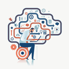 Smart Solution. Creative work. A man working at a laptop and metaphoric representation of the human brain. Concept business illustration