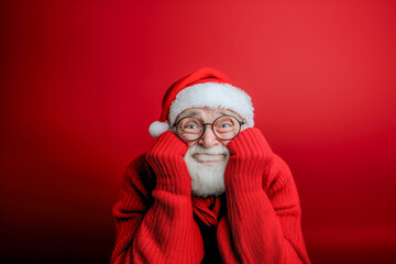 Naklejka premium A man in a red sweater and glasses is looking down