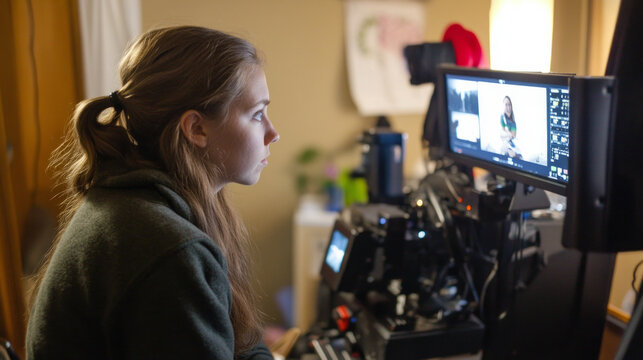 Director overseeing the filming schedule and monitoring talent performance in a production space during daytime