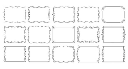Vintage rectangular frame borders set. Outline hand drawn flourish boarder line icons, decorative classic vignette of rectangle and square shape. Ornate filigree frames collection vector illustration