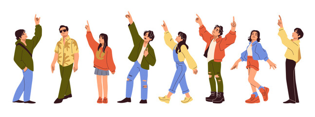 Persons watching up. Raised hand fingers. Woman and man characters showing arm to sky. Excited young girl. Standing joyful guy. Positive emotion gestures. Vector people joy expressions set