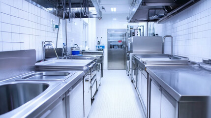 A clean and organized commercial kitchen with stainless steel appliances in a restaurant preparing for a busy service day