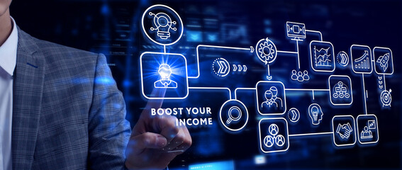 Boost Your Income financial motivation phrase and money. Business, technology concept.