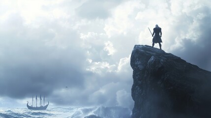 Epic Viking Warrior on Rocky Cliff with Stormy Sea and Longship - Ultra-Detailed Historical Fantasy Image