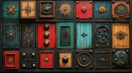 Detailed texture of an Advent calendar, with each door featuring intricate designs and festive colors. 4K hyperrealistic photo.