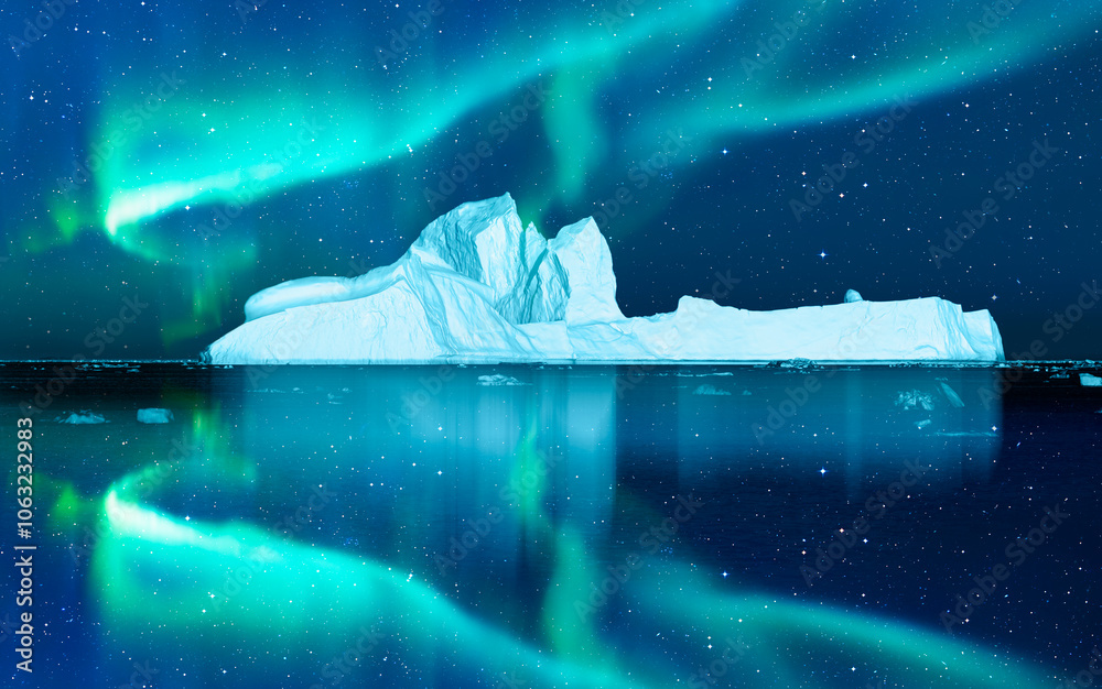 Wall mural iceberg floating in greenland fjord with aurora borealis - greenland