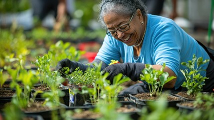 Elderly individuals participate in gardening activities, enjoying the outdoors while planting and tending to vibrant plants in a community garden