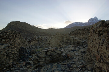 Landscape with sun aunder the mountains along the Bartang Valley in the Gorno-Badakhshan region in...