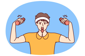Funny fitness trainer with dumbbells uses whistle to cheer up trainees from gym or sports club. Thin man in fitness clothes does exercises to build biceps on his arms and muscles on his body