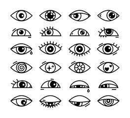Eye icon. Close, open silhouette with abstract line shape, eyeball and eyelash symbol. Simple black and white design for health, vision concept. Ophthalmologist symbol. Vector pictogram isolated set