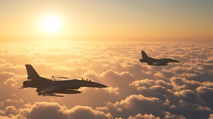 Three fighter jets fly in formation at sunset over a cloudy sky.