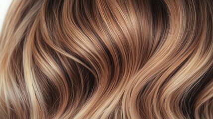 Naklejka premium A close-up of beautifully styled hair featuring rich, wavy tones in shades of brown and blonde, highlighting texture and dimension.