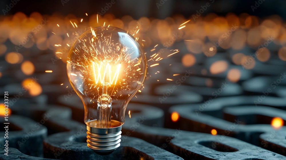 Poster a bright light bulb engulfed in flames surrounded by a complex labyrinth with flickering sparks illu