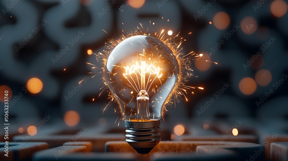 Poster illuminating idea fiery incandescent bulb ignites an intricate labyrinth of flickering sparks symbol