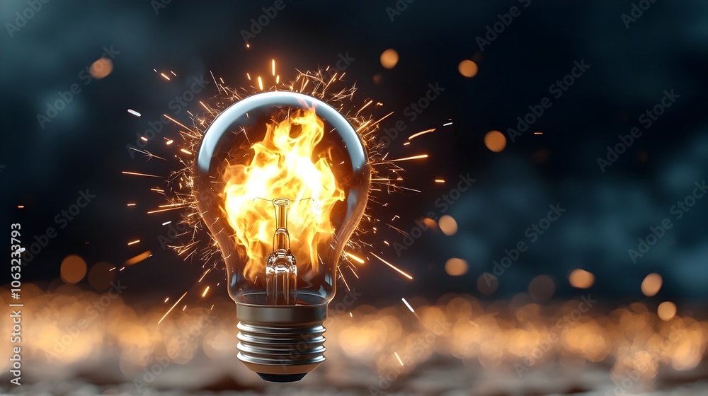 Aufkleber A glowing light bulb emits intense flames surrounded by a maze filled with crackling sparks all against a dark smoky background creating a dynamic and energetic abstract composition