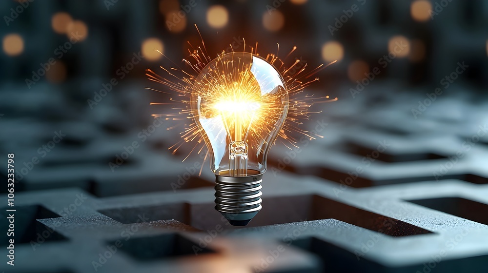 Poster a bright light bulb engulfed in intense flames surrounded by a complex labyrinth with flickering spa