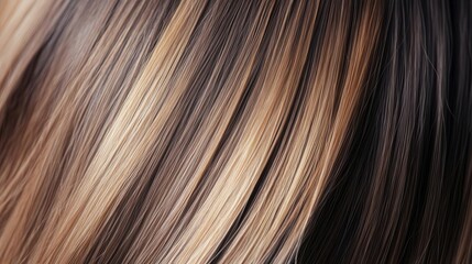 Fototapeta premium Close-up view of beautifully blended hair strands showcasing a mix of brown, blonde, and black hues, highlighting texture and shine.