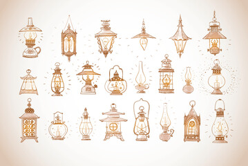 Collection of doodle-style vintage lanterns and lamps, each uniquely detailed and hand-drawn