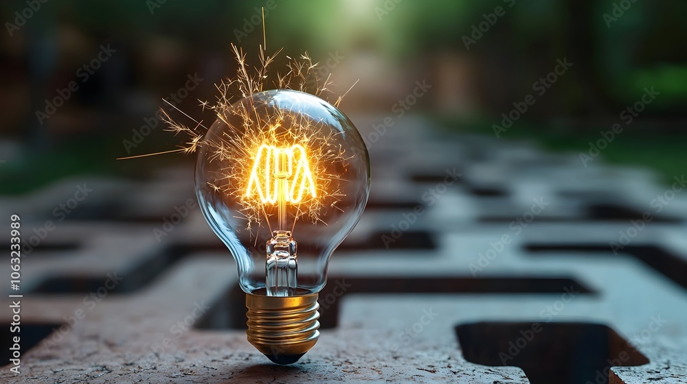 Poster Powerful Lightbulb with Blazing Flames Lighting Up a Dark Maze with Intricate Pathways and Fiery Sparks Representing Creativity Innovation and Enlightenment