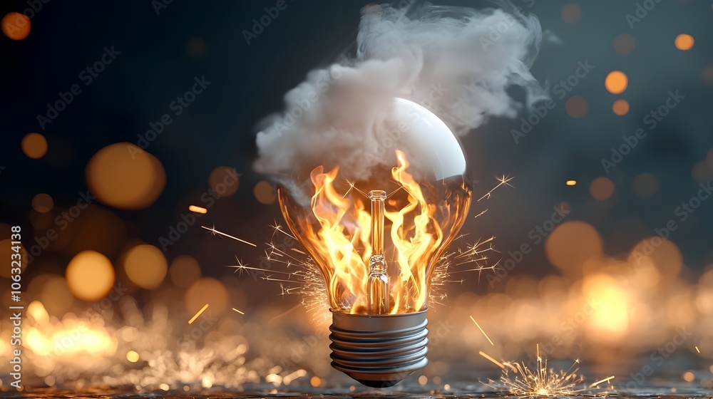 Poster A surreal light bulb wrapped in flames and surrounded by a maze of spark filled paths creating a sense of mystery and intrigue  This visually captivating image represents the power of imagination