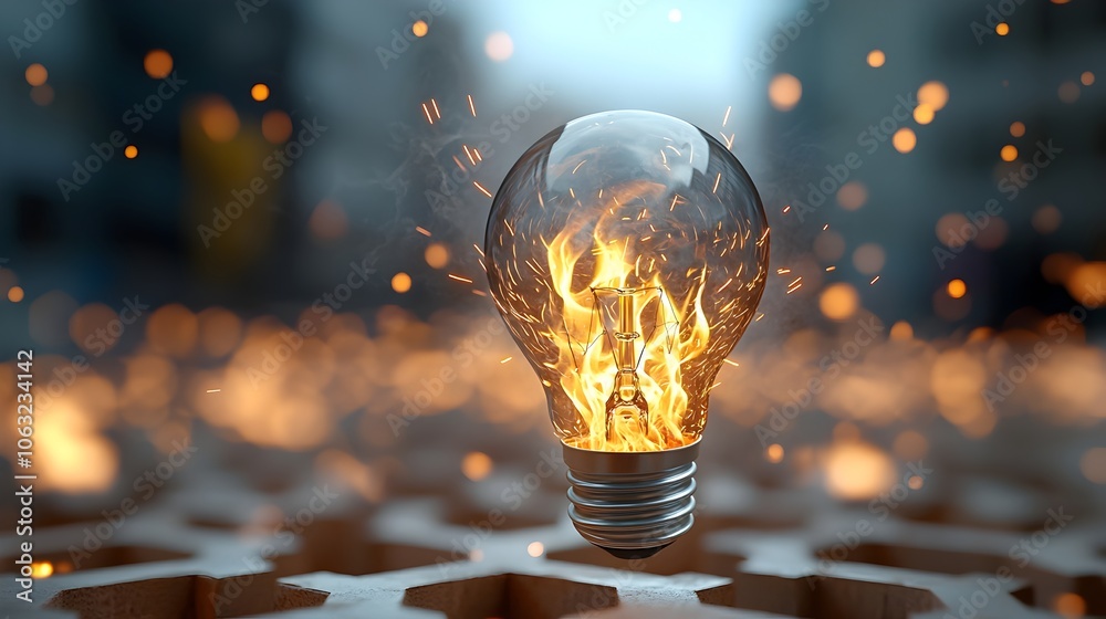 Fototapete A light bulb consumed by flames suspended within a complex and intricate labyrinth with flickers of sparks lighting each corner representing the transformative power of ideas