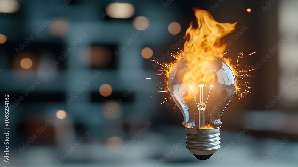 Fototapete a light bulb consumed by flames suspended within a complex labyrinthine structure with flickers of s