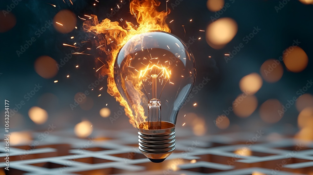 Poster a light bulb consumed by flames suspended in a complex labyrinth with flickers of sparks lighting ea