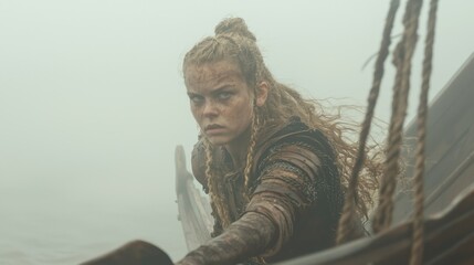 Strength of the Shieldmaiden - A Viking woman leads longship through foggy waters, showcasing determination and female warrior prowess. Ultra-Detailed.