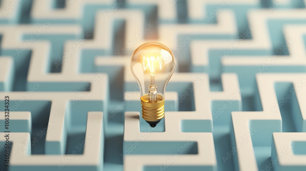 Aufkleber Close up view of a bright sparking lightbulb serving as the exit from an intricate maze like pattern set against a backdrop of blue and white tones