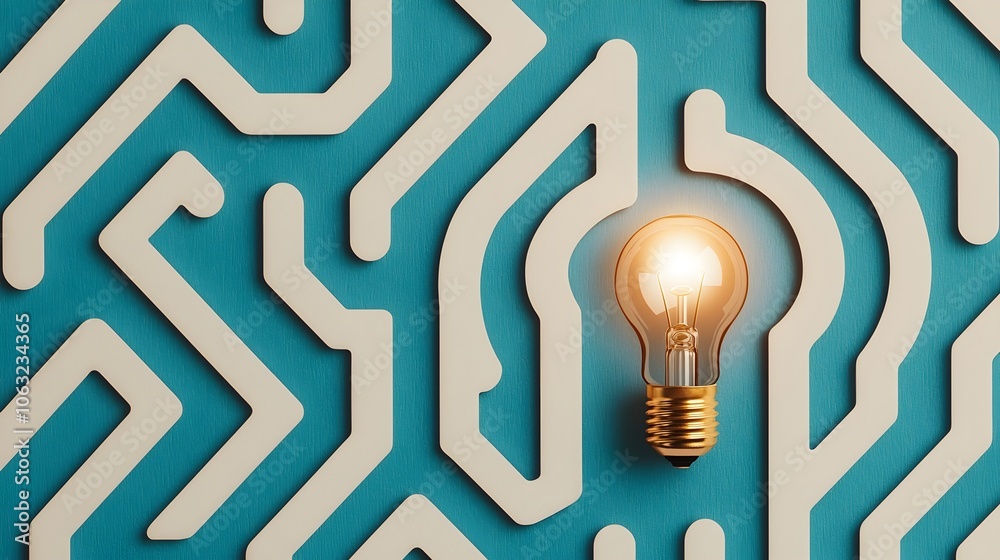 Poster intricate labyrinth with a glowing lightbulb exit radiating hope and innovative ideas