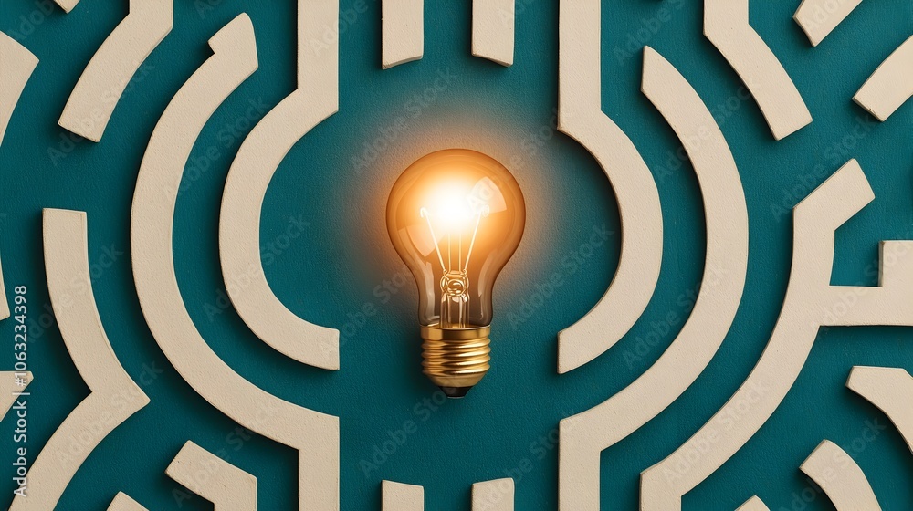 Aufkleber Intricate and captivating labyrinth design with a glowing lightbulb exit radiating hope and innovative ideas set against a rich blue and white symbolic background