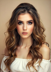 Naklejka premium A captivating portrait of a young woman with long, wavy hair and striking makeup, exuding confidence and elegance.