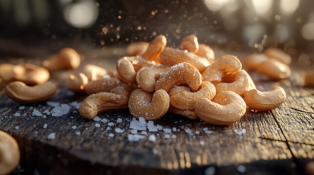 Crunchy, salted cashew nuts scattered on rustic wooden surface, glistening in soft light, creating warm and inviting atmosphere